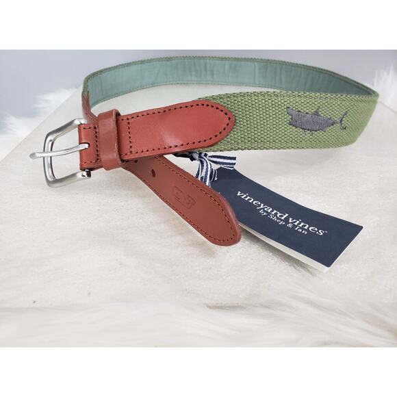 NEW SIZE 30 Vineyard Vines Canvas Green Olive Shark Belt Nautical Beach Fisherma - Picture 1 of 5